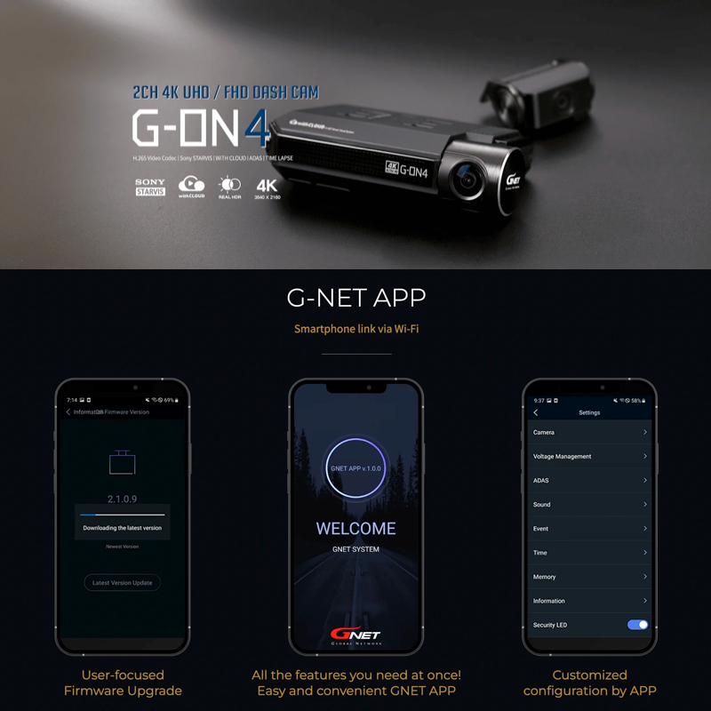 G-ON 4 4K UHD Forward FHD Rear and Internal Dashcam - Hardwire Option