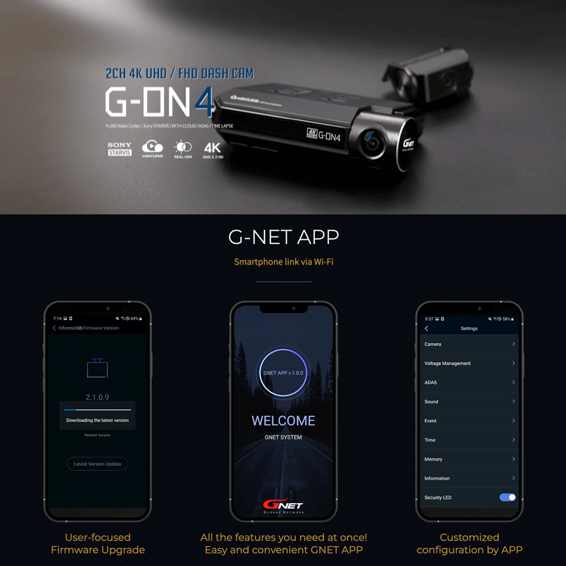 G-ON 4 4K UHD Forward FHD Rear and Internal Dashcam -  Hardwire Option
