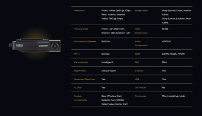 G-ON 3 2K QHD Forward FHD Rear and Internal Dashcam -  Hardwire Option