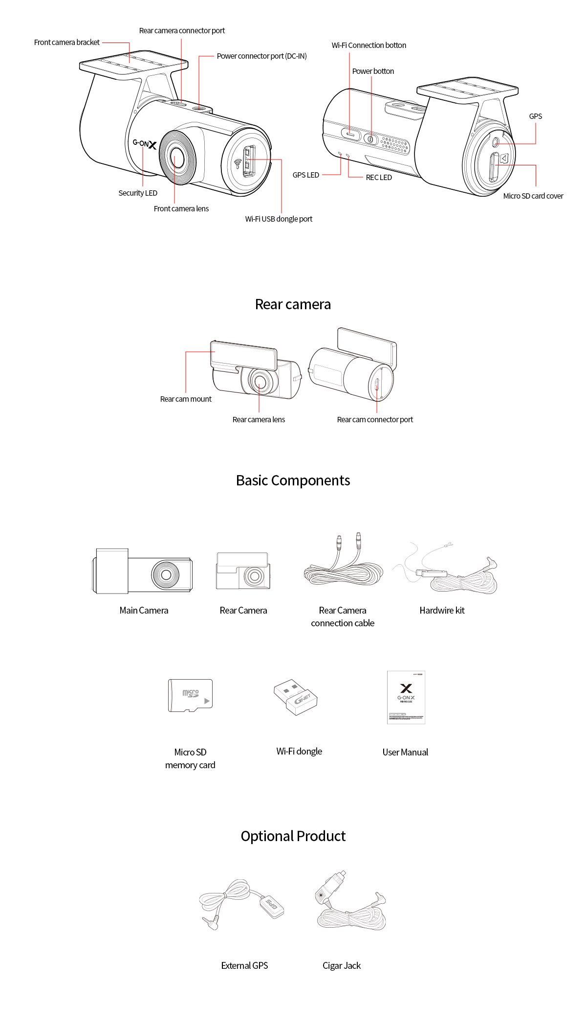 G-ON X HD Forward and Rear Dashcam -  Hardwire Option