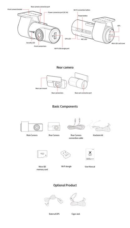 G-ON X HD Forward and Rear Dashcam -  Hardwire Option